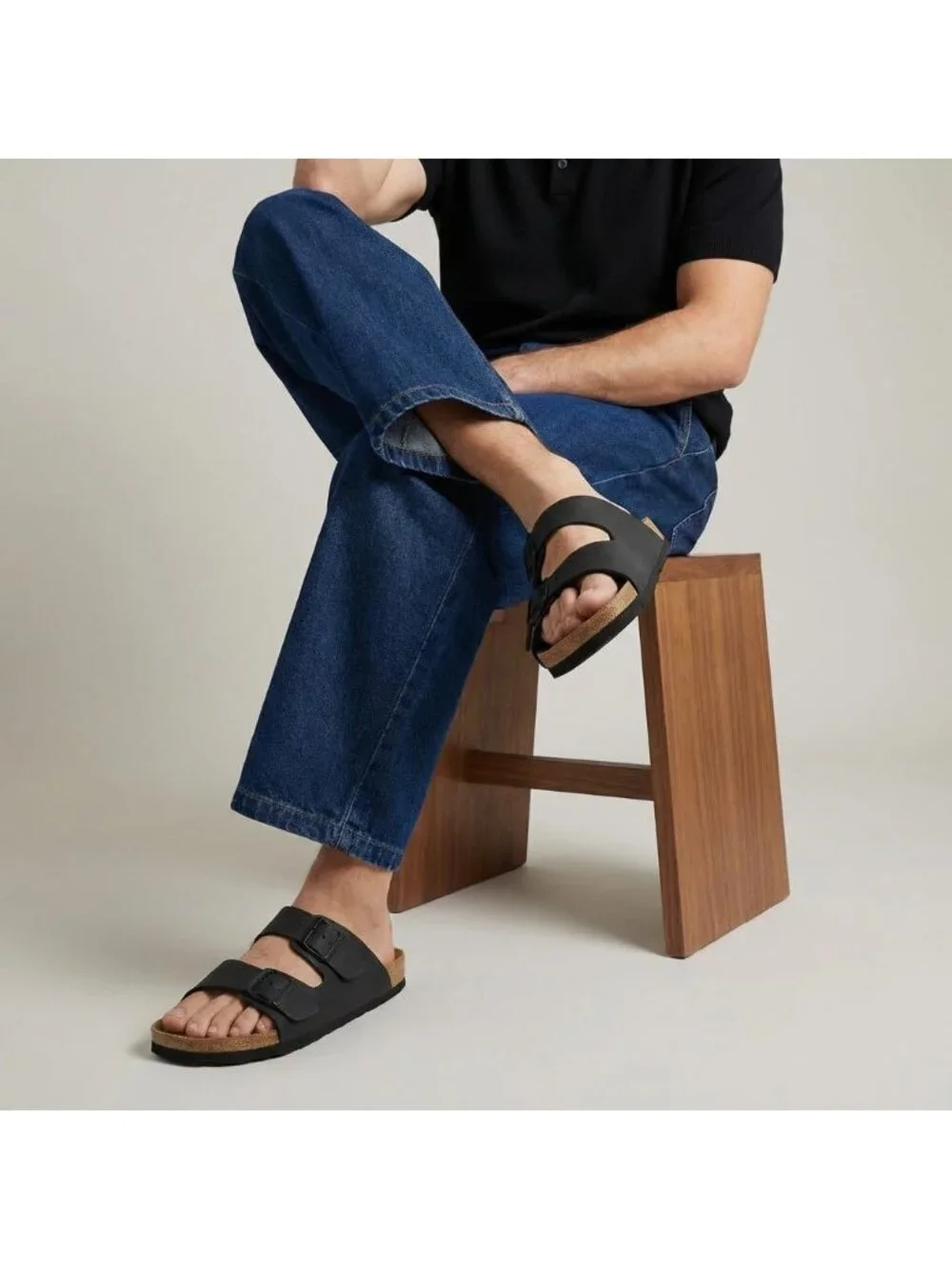 Men's Black Lane Cork Footbed Sandals Adjustable Buckle Comfort Slides